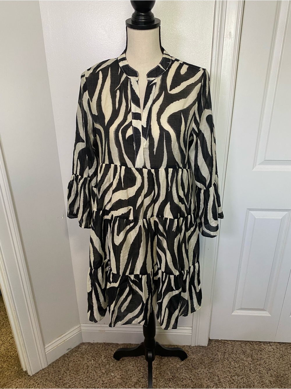 Choklate Zebra Print Tiered Silk Blend Dress - Black & White